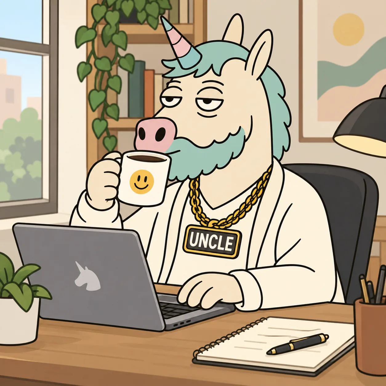 Uncle at his laptop with a coffee