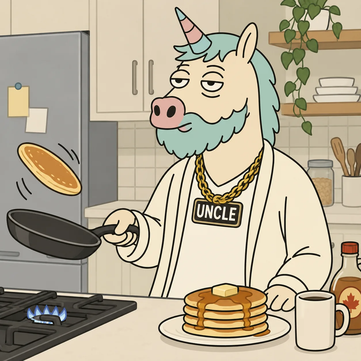 Uncle flipping pancakes