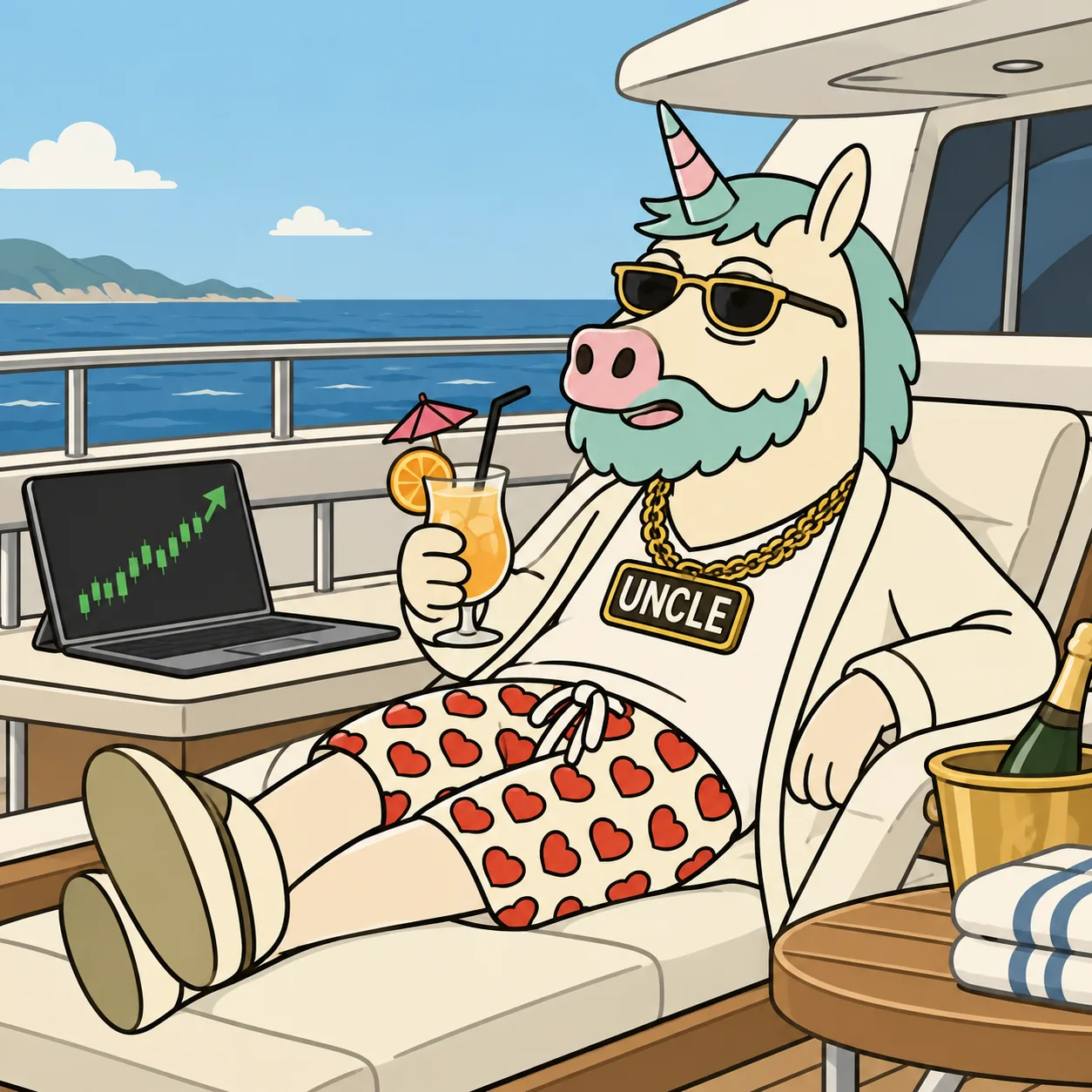 Uncle relaxing on a yacht with a green chart on his laptop