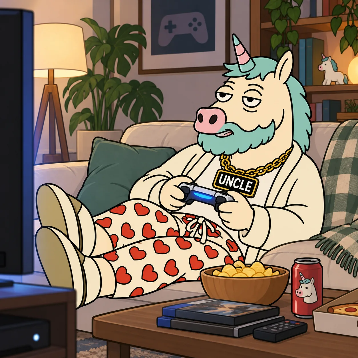 Uncle on his couch in a bathrobe, playing video games